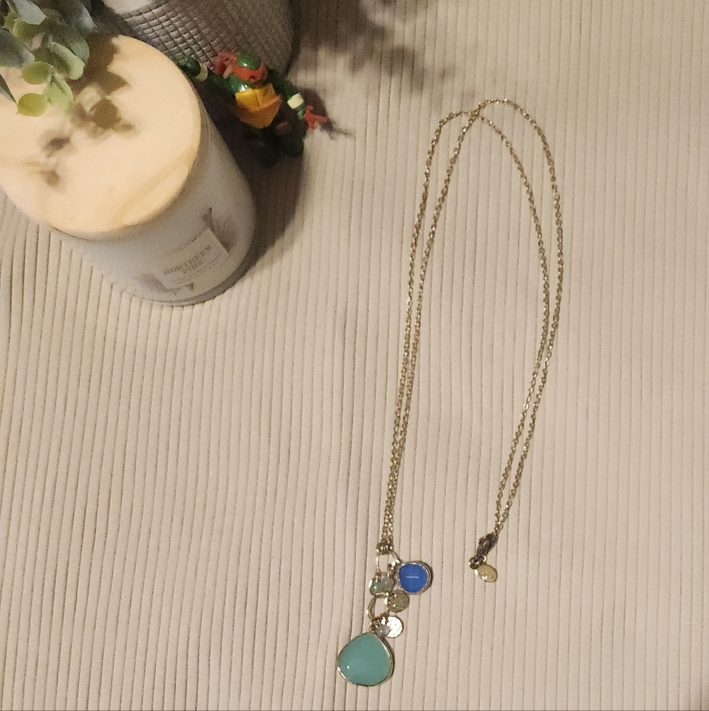 Loft Goldtone Chain Pendant Necklace with Blue and Teal Stones- Approx 32"
